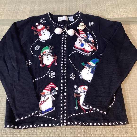 Lemon Grass Womens Holiday Snowman Sweater Skiing Snowman Size Small Black - Picture 1 of 7